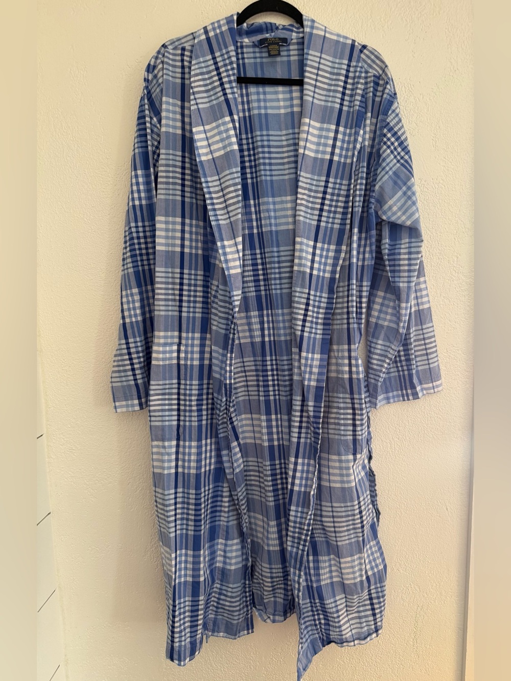 Polo Ralph Lauren Men's Lightweight 100% Cotton Belted Robe Plaid Blue Size S/M